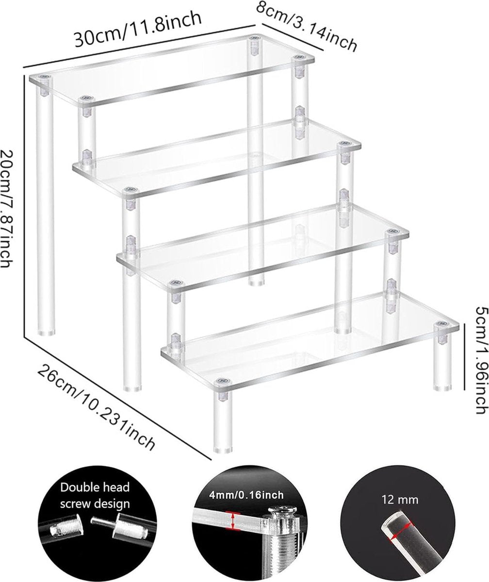 4-traps acryl riser display rek, standaard, tafelblad transparant, parfumorganizer, opslag voor Funko Pops figuren, nagellak, specerijen, cosmetica, kunsthandwerk, sieradenstandaard, cupcake, specerijen, helder