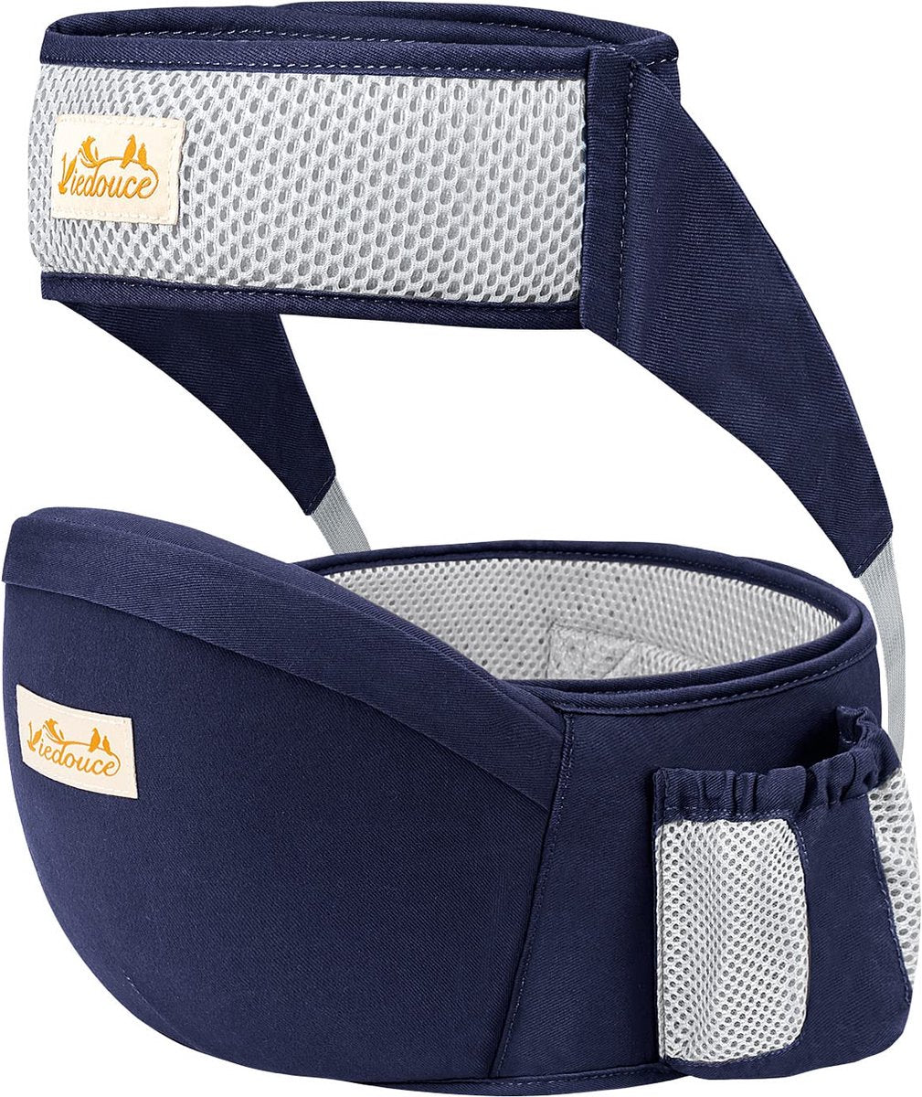 Babyheupzitje, ergonomisch, met veiligheidsgordelbescherming, puur katoen, licht en ademend, ergonomische lichte taille, kruk, baby heupzitje voor 4-36 maanden (donkerblauw)