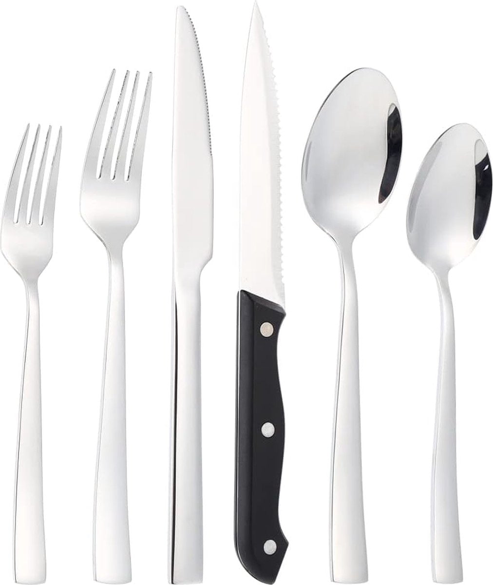 Bestekset voor 6 personen, 36-delig roestvrij staal, bestek incl. messen, vork, lepel, steakmessen, spiegelgepolijst, vaatwasmachinebestendig
