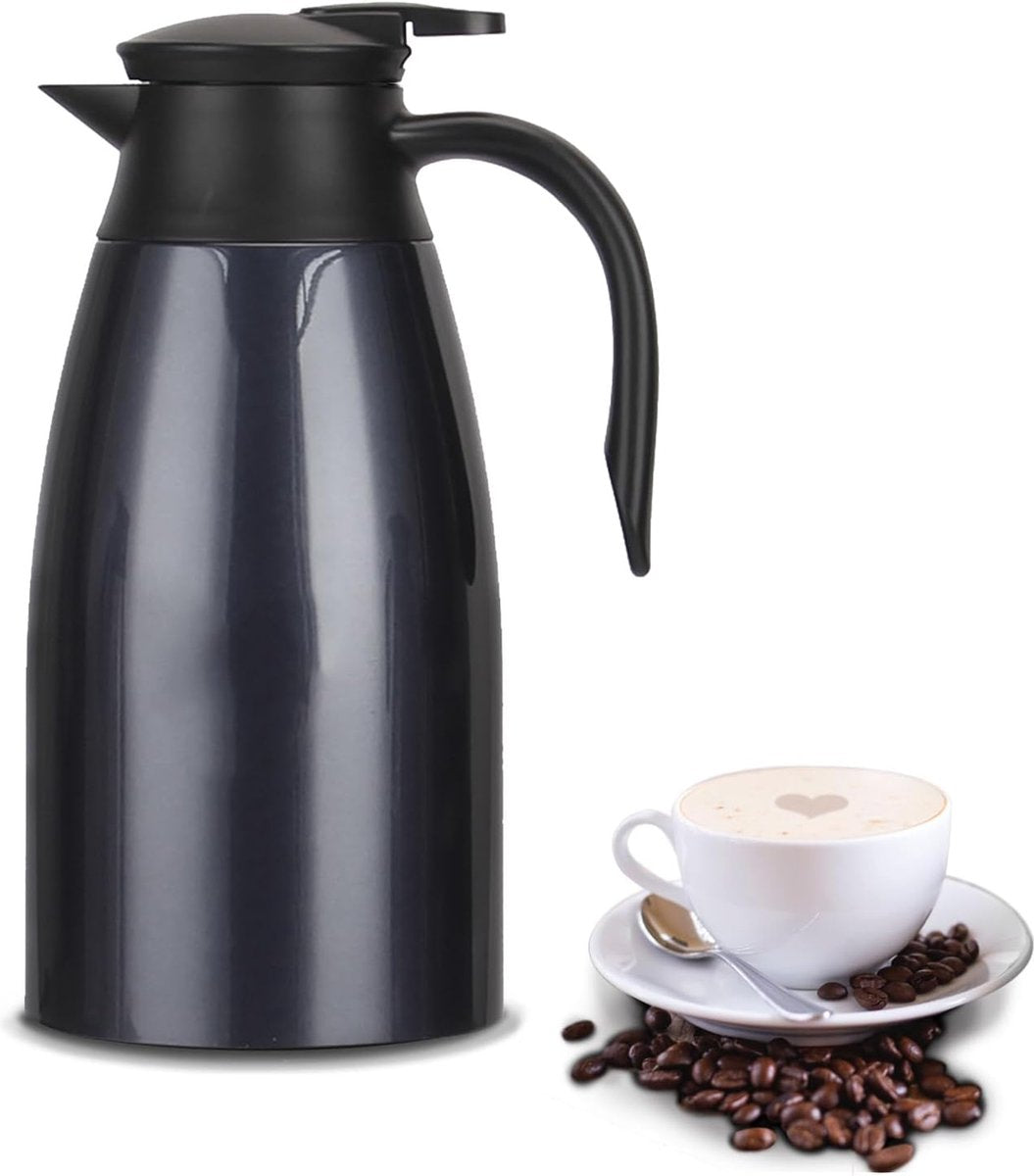 2L geïsoleerde koffiepot, voedselveilige 304 roestvrijstalen geïsoleerde kan, geïsoleerde vacuümkoffiepot met drukknopbovenkant, koffiekarafkan voor thee, warme en koude dranken (marineblauw)