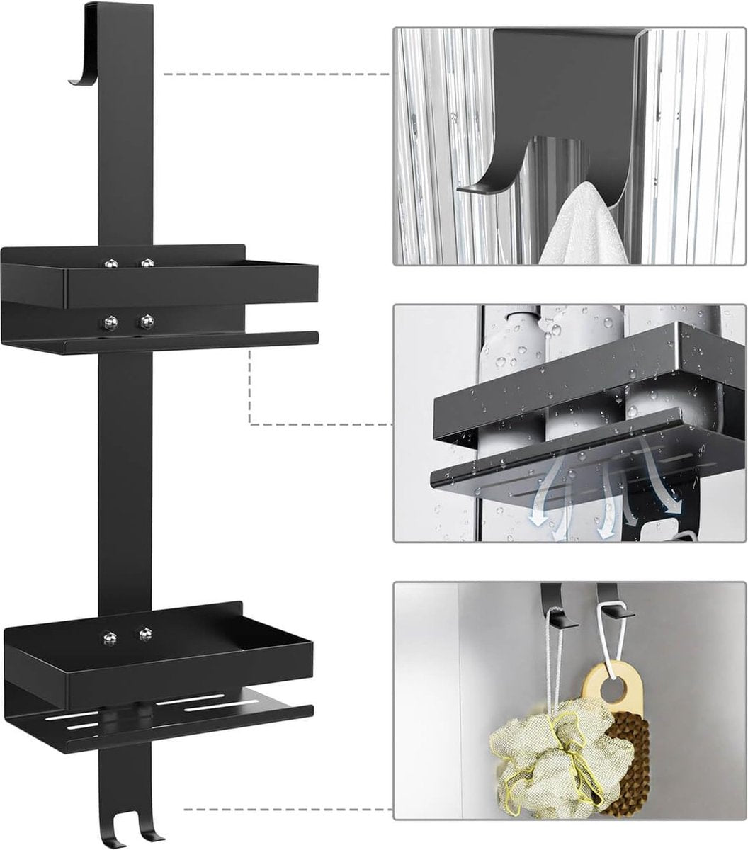 Doucheplank om op te hangen, van roestvrij staal, zwart, doucheplank zonder boren, badkamerrek, hangend douchemand, doucheplank met haken voor maximaal 16 mm frameloze glazen deur,
