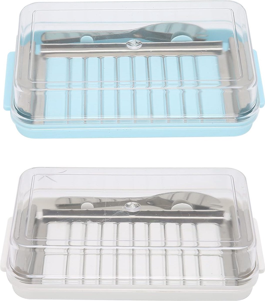 Boterdoos, roestvrijstalen botersnijder snijapparaat, 2 in 1 botersnijcontainer met transparant deksel boterkaasdoos voor het bewaren van kaas voor keukenkoeling (blauw)