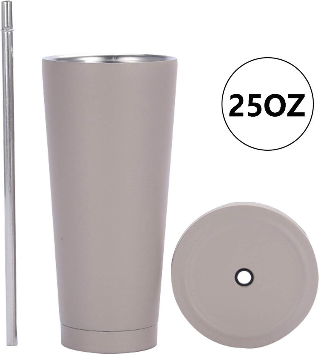 750 ml/25 oz roestvrijstalen mok met rietje en deksel, BPA-vrije vacuüm geïsoleerde thermische mok, koffiemok om mee te nemen, reismok, geïsoleerde mok voor ijskoud of warm drinken (lichtgrijs)
