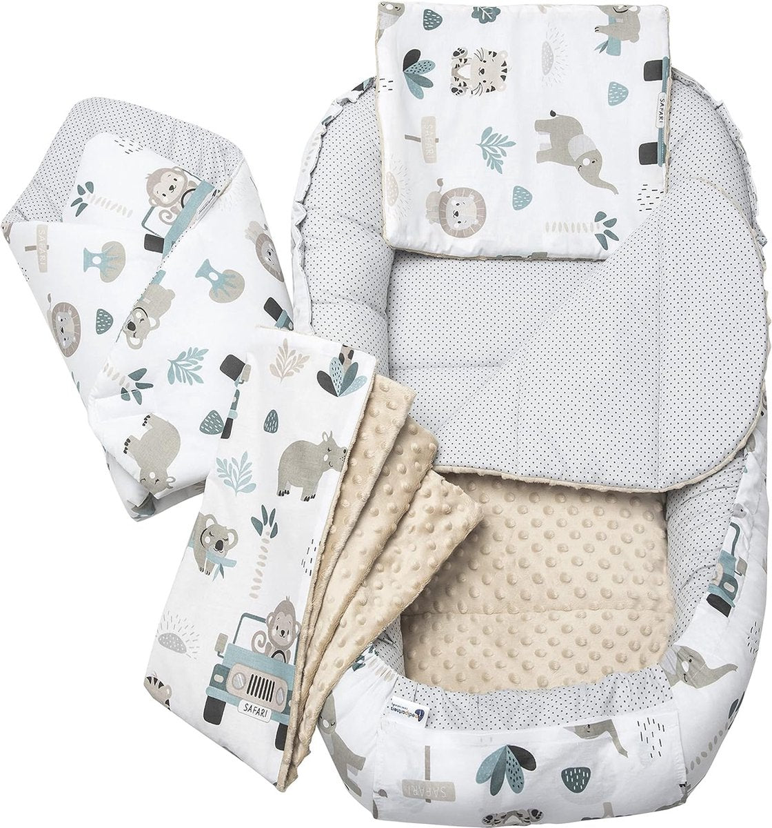 5-delige set babynestjes, 100 x 60 x 15 cm, uitneembaar inzetstuk, knuffelnest, kruipdeken voor baby's, pasgeborenen, 100% katoen (mint dierentuin met beige minky)