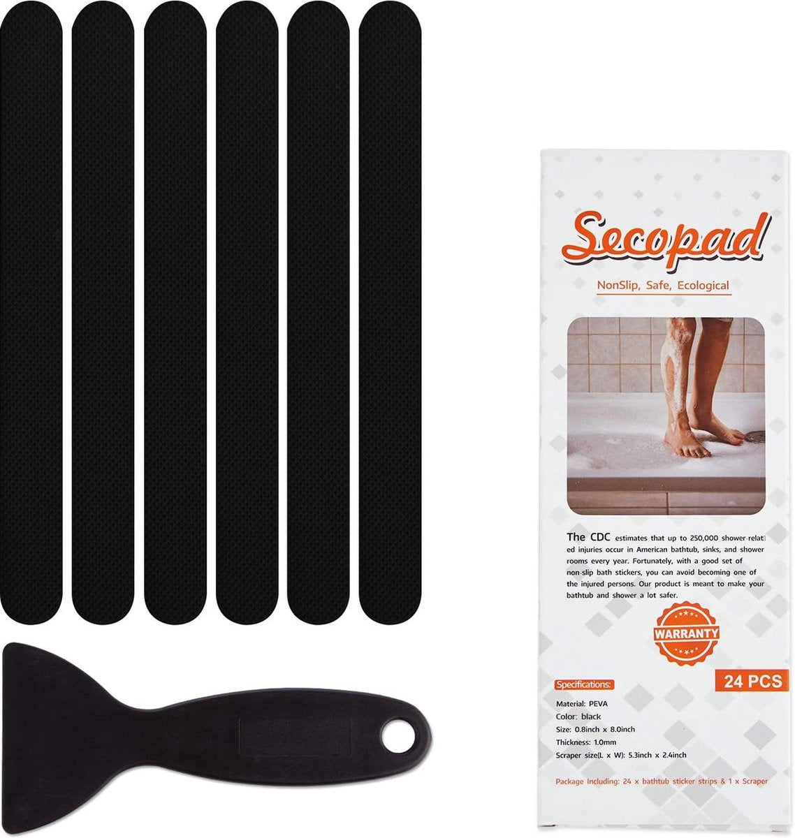 antislipstickers, 24 stuks, veiligheidsstrips voor badkuip, zelfklevende stickers met premium schraper voor badkuip, douche, trap (zwart)