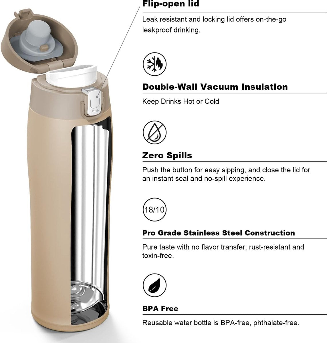 Drinkfles RVS 18/10 - ultralichte drinkbeker - 350ml, 500ml, 750ml - BPA-vrije, lekvrije drinkfles, drinkflessen voor sport, onderweg, school, outdoor, kantoor, thuis
