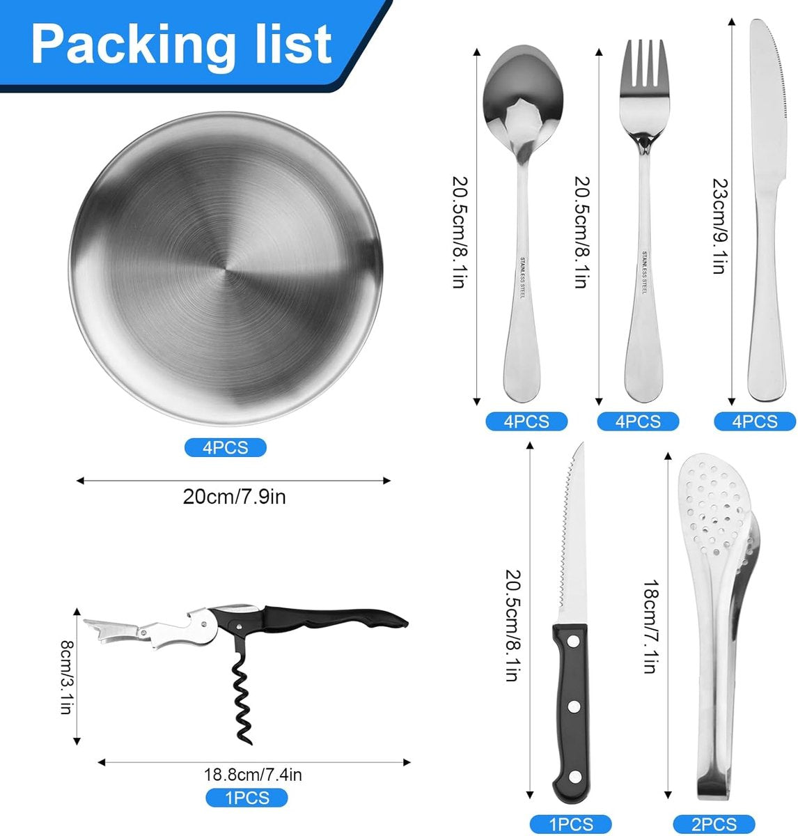 Campingbestekset voor 4 personen, 20-delige picknickserviesset, roestvrijstalen buitenserviesset, met lepel, vork, mes, plaatclip, flesopener, draagbare bestekset voor kamperen, picknick