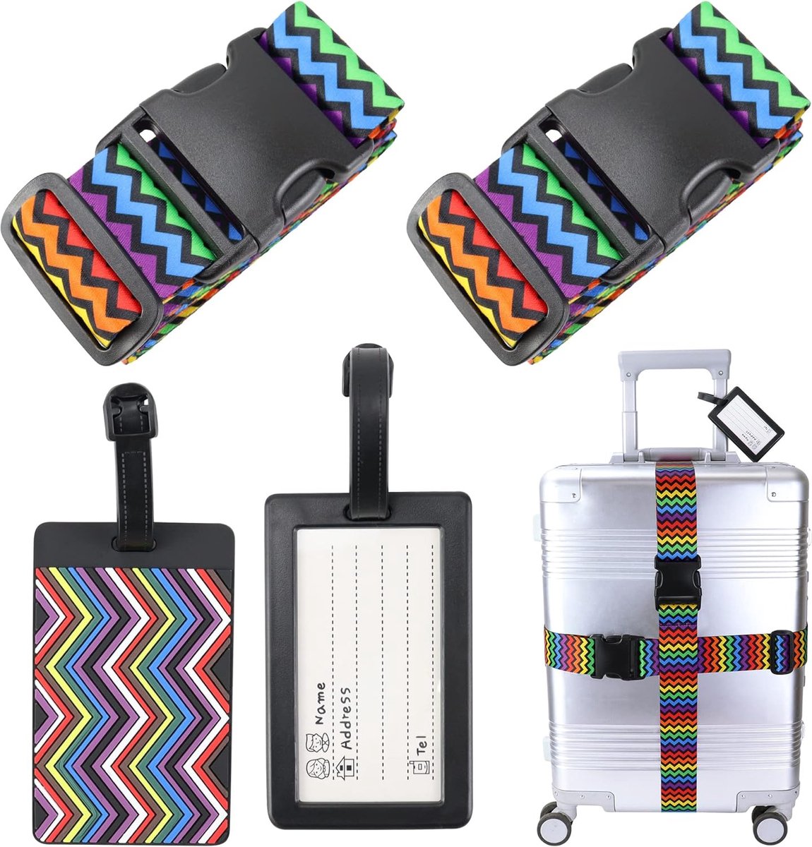 2 stuks kofferriem met 2 bagagelabels, kofferband, riem, kleurrijk, bagageriem, reisaccessoires, suitcase riem, verstelbare multifunctionele bagageriem voor koffer, riem, kofferriem, golf