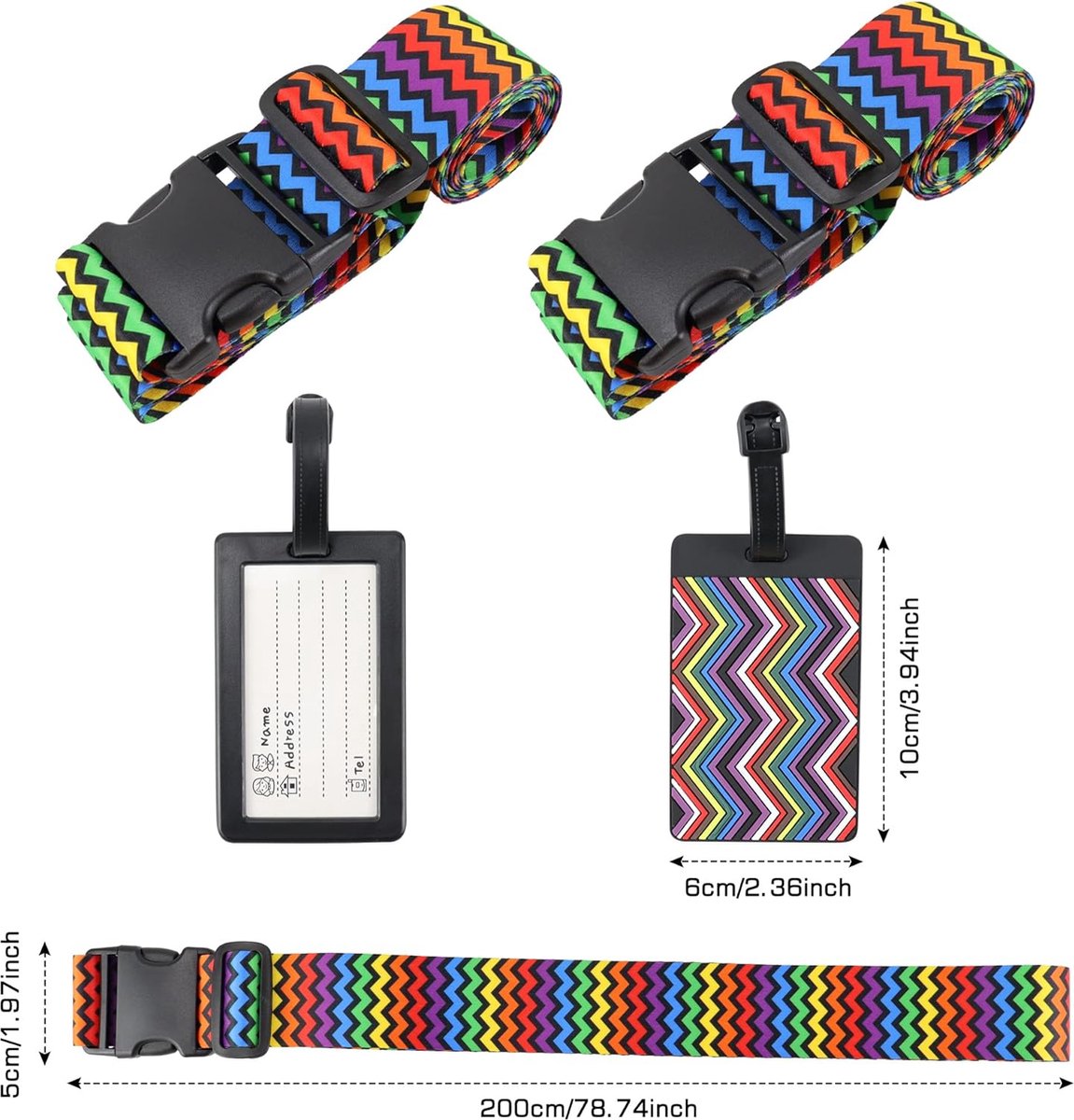 2 stuks kofferriem met 2 bagagelabels, kofferband, riem, kleurrijk, bagageriem, reisaccessoires, suitcase riem, verstelbare multifunctionele bagageriem voor koffer, riem, kofferriem, golf