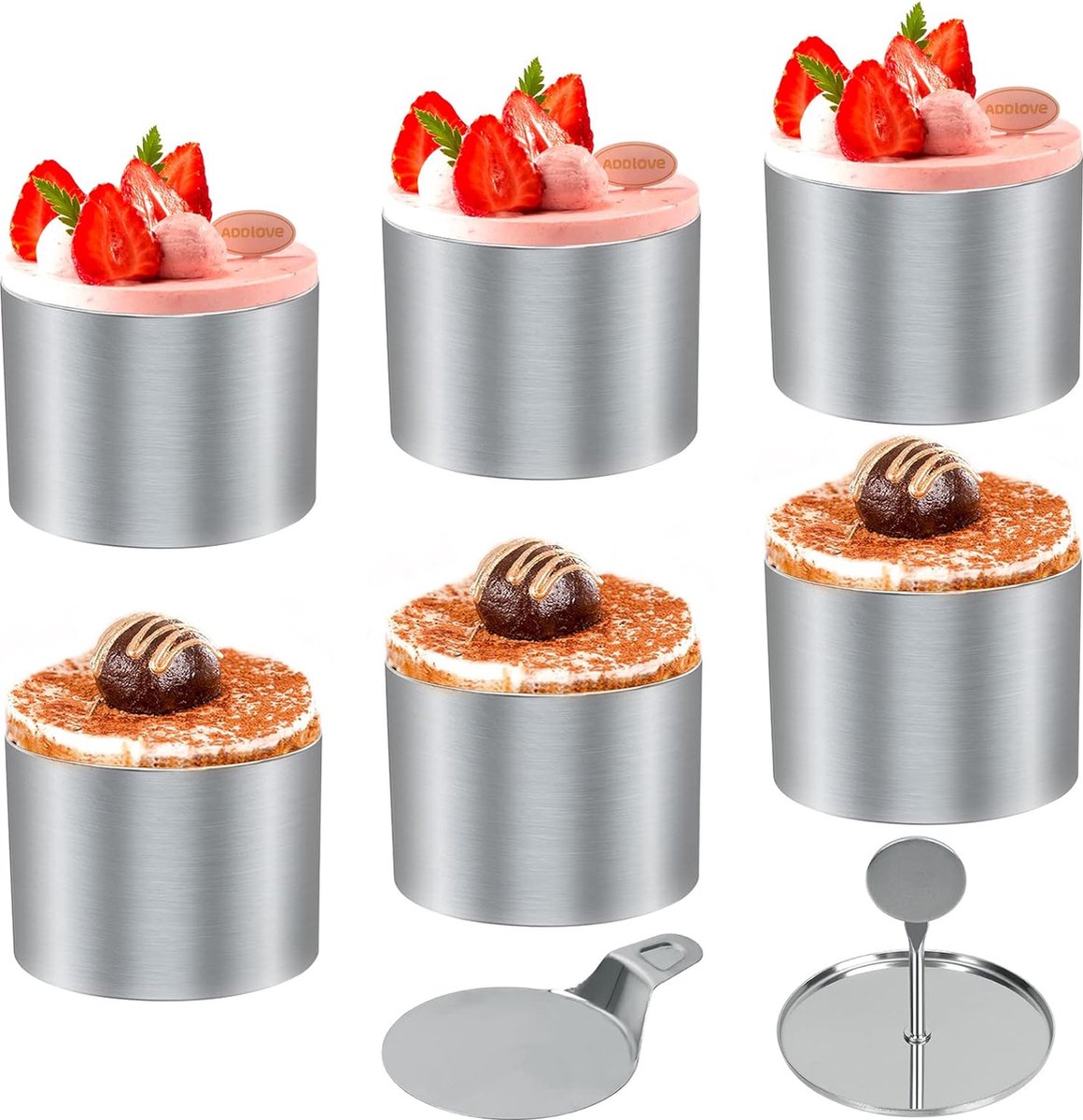 Dessertringen en dinerringen, kleine ringenset, 8-delig, mini-taartringvormen, roestvrijstalen mousse-ringen, 7,5 cm, ronde mousse-ring, 8 ringen, 1 lifter, 1 stempel voor het bakken van