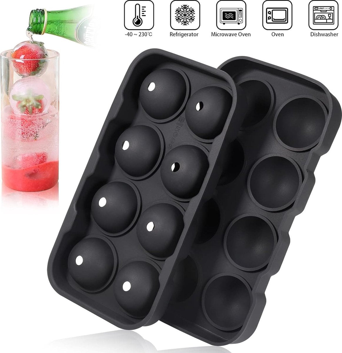 2 stuks siliconen ijsblokjesvorm, groot, 8-voudige ijsblokjeshouder met bol, ijsbolvorm, ijsbolvorm, voor gekoelde cocktails, whiskydranken