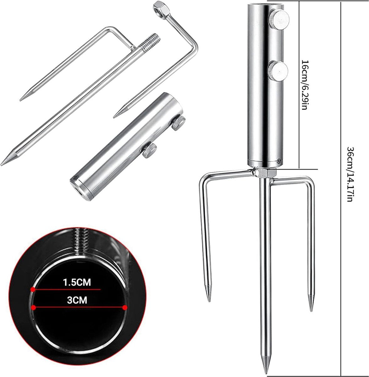 Gazondoorn voor parasol, afneembare grondpen, parasolspies, grondpen, parasolhouder, vloer, parasolstandaard, parasol met 4 haringen, voor strand, gras, zand, tuinparasol