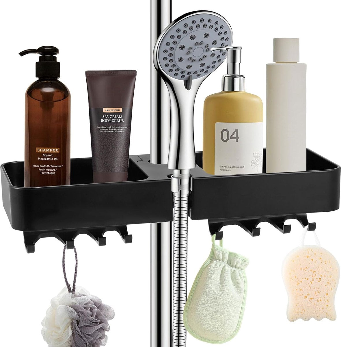 Doucheplank om op te hangen, zwart, doucheplank zonder boren, telescopisch, doucherek met 2 douchemandjes om op te hangen, ruimtebesparende doucheplank, roestvrij staal, douchestang-opbergrek voor 18