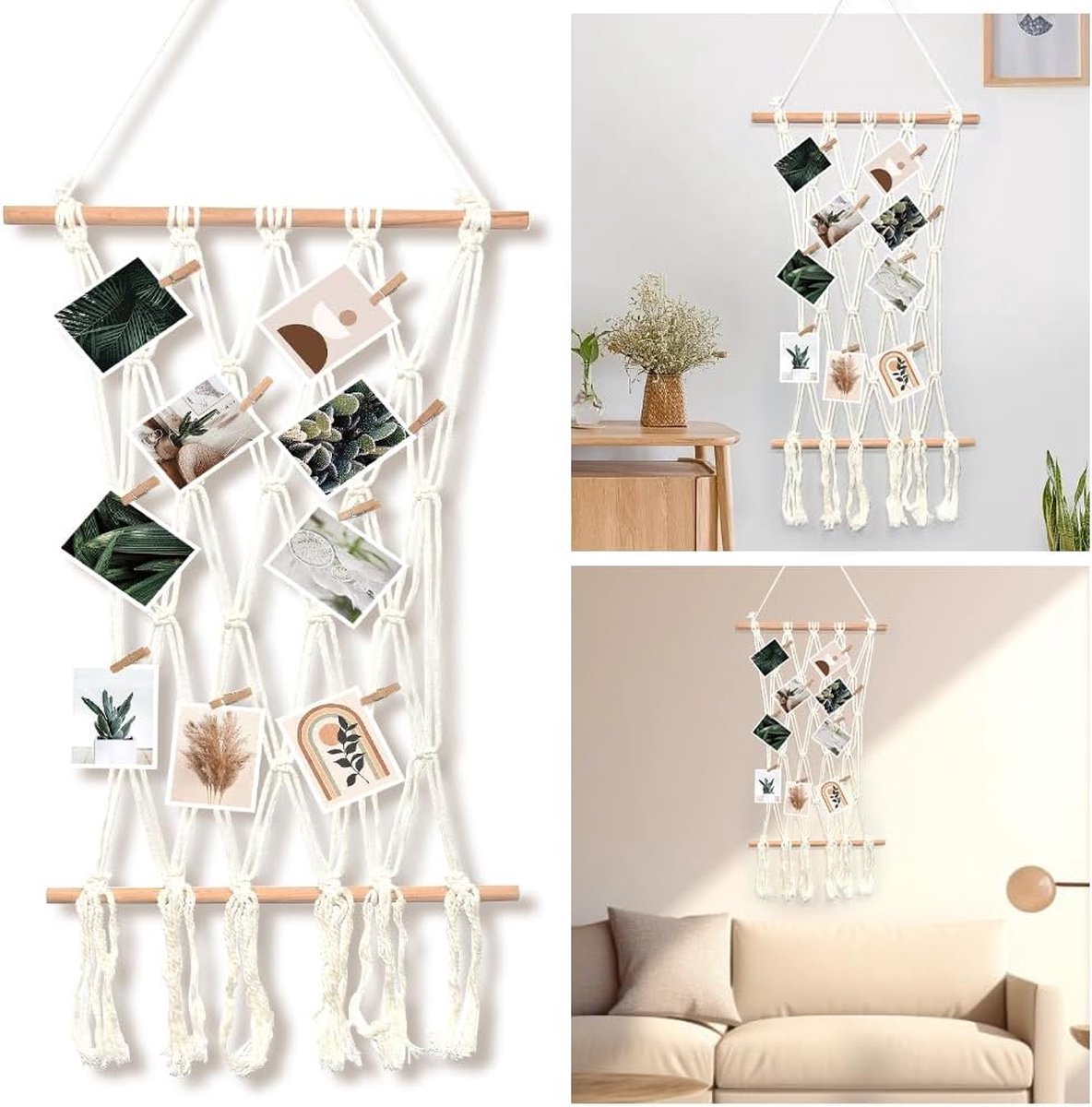 Fotolijst collages, macramé, wandbehang, hangende fotowand, boho, decoratie, fotolijst, organizer met 10 houten klemmen voor wooncultuur, slaapkamer, bruiloftsfeest