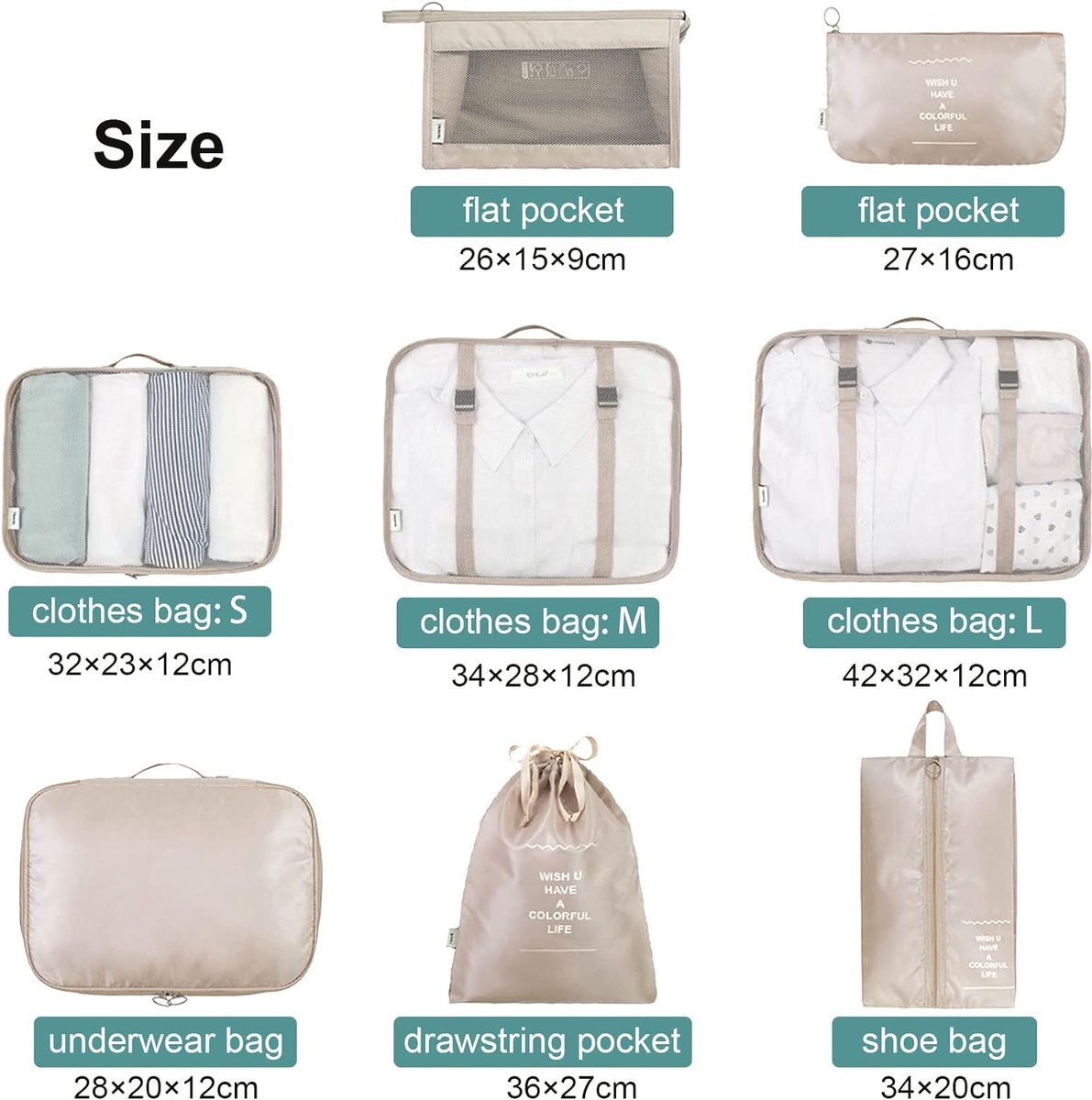 8-delige kledingtassenset, verpakkingsblokjes, compressieverpakkingszakken voor rugzak en koffer, bagage-organizer, kofferorganisator, reiskledingzakken voor kleding, schoenen, ondergoed, cosmetica, kaki