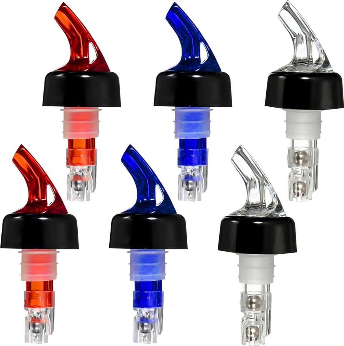 6 stuks gedistilleerde drankdispenser, flessenschenker van ABS-kunststof, 15 ml/20 ml/30 ml doseringsschenker, maatschenker met stalen kogel, geschikt voor wijn en cocktails (3 kleuren)
