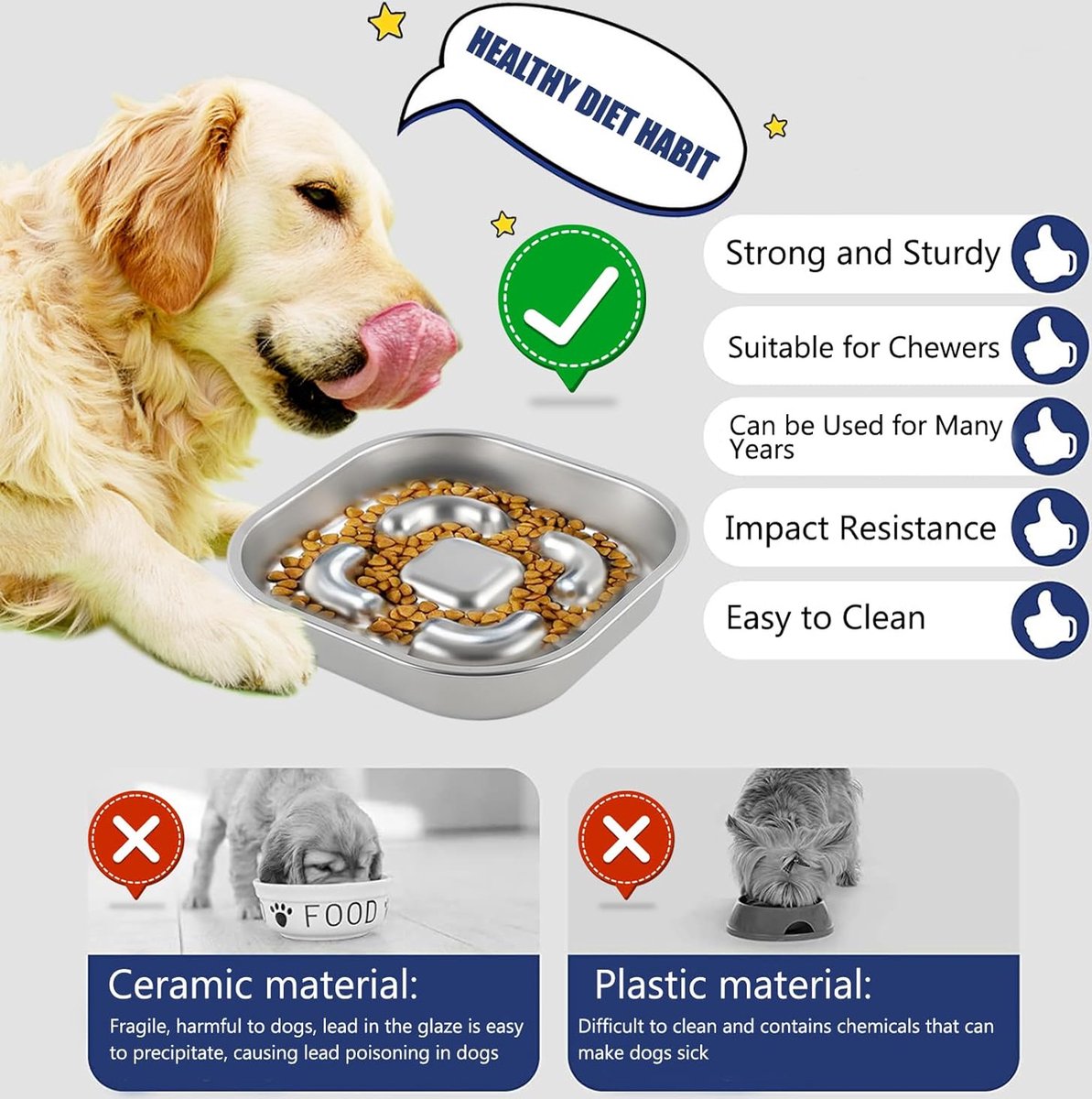 Anti-sling hondenkom, anti-slingerkom, roestvrij staal, slowfeederkom, hond, antislip roestvrijstalen hondenkom voor grote, kleine en middelgrote honden, voerbak hondenkom