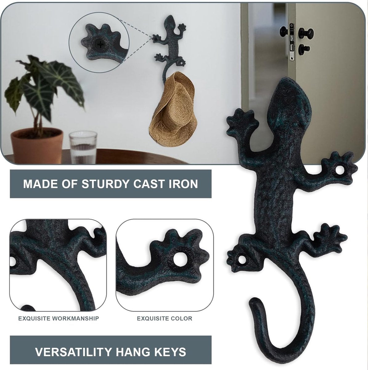 3 stuks Gecko garderobehaken, rustieke garderobehaken, gietijzeren wandhaken, vintage met schroeven, kledinghaken, muur om op te hangen, kleding, sleutels, hoeden, tassen, zwart-groen