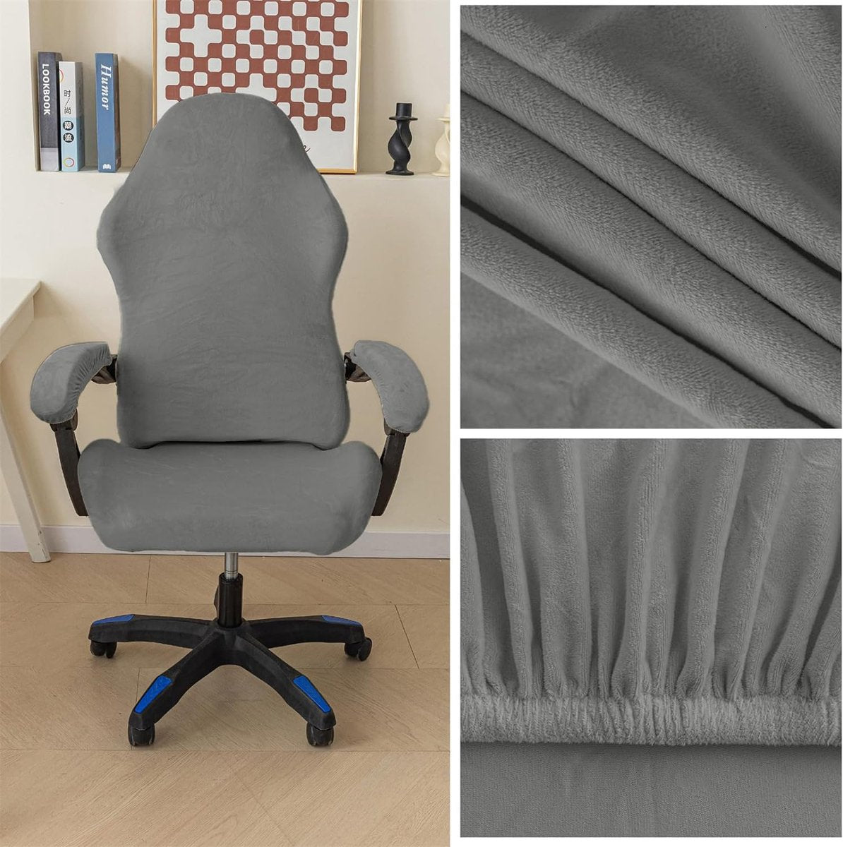 Fluwelen pluche gamingstoelhoezen, 4 stuks, bureaustoel, draaistoel, overtrek met armleuningen/stoelrug, rekbare stoelhoezen voor computer-gamestoel, bureaustoel, zonder stoel, grijs