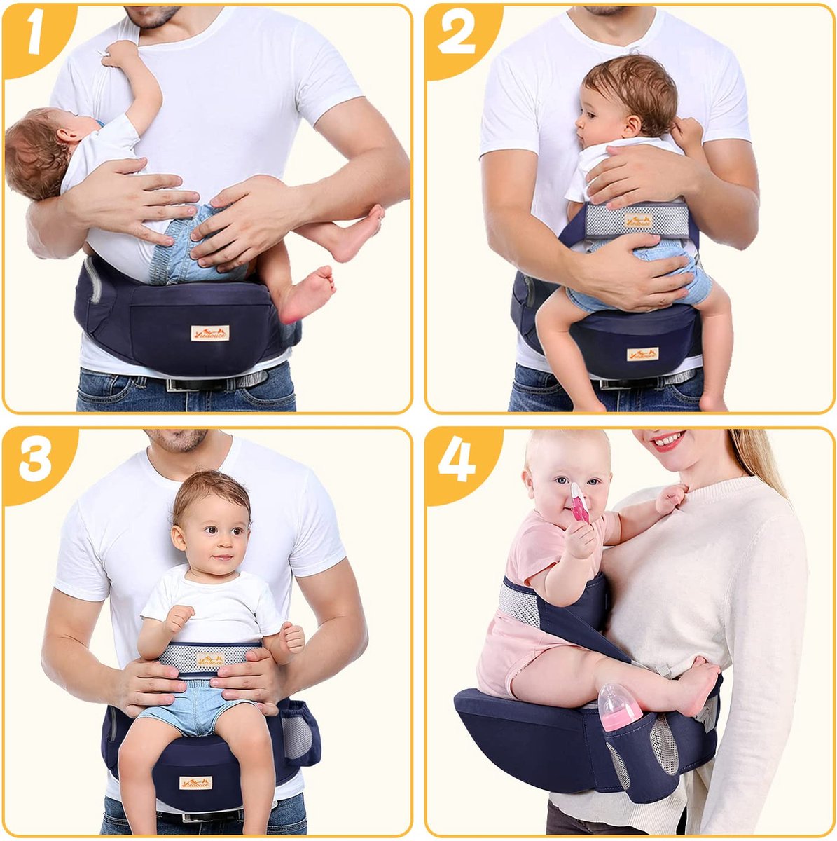 Babyheupzitje, ergonomisch, met veiligheidsgordelbescherming, puur katoen, licht en ademend, ergonomische lichte taille, kruk, baby heupzitje voor 4-36 maanden (donkerblauw)