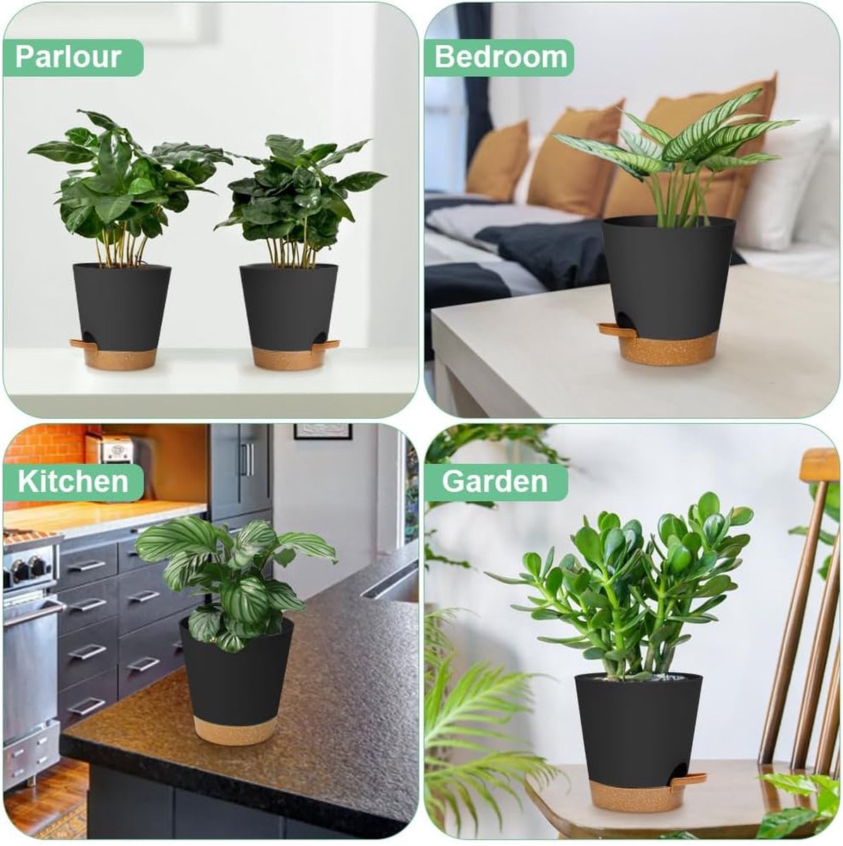 Bloempot van kunststof, 3 stuks, bloempot met schotel, plantenpot, zelfwatergevend, 16,5 x 17 cm, met 20 plantenlabels, bloempot met bewateringssysteem voor kamer- en balkonplanten