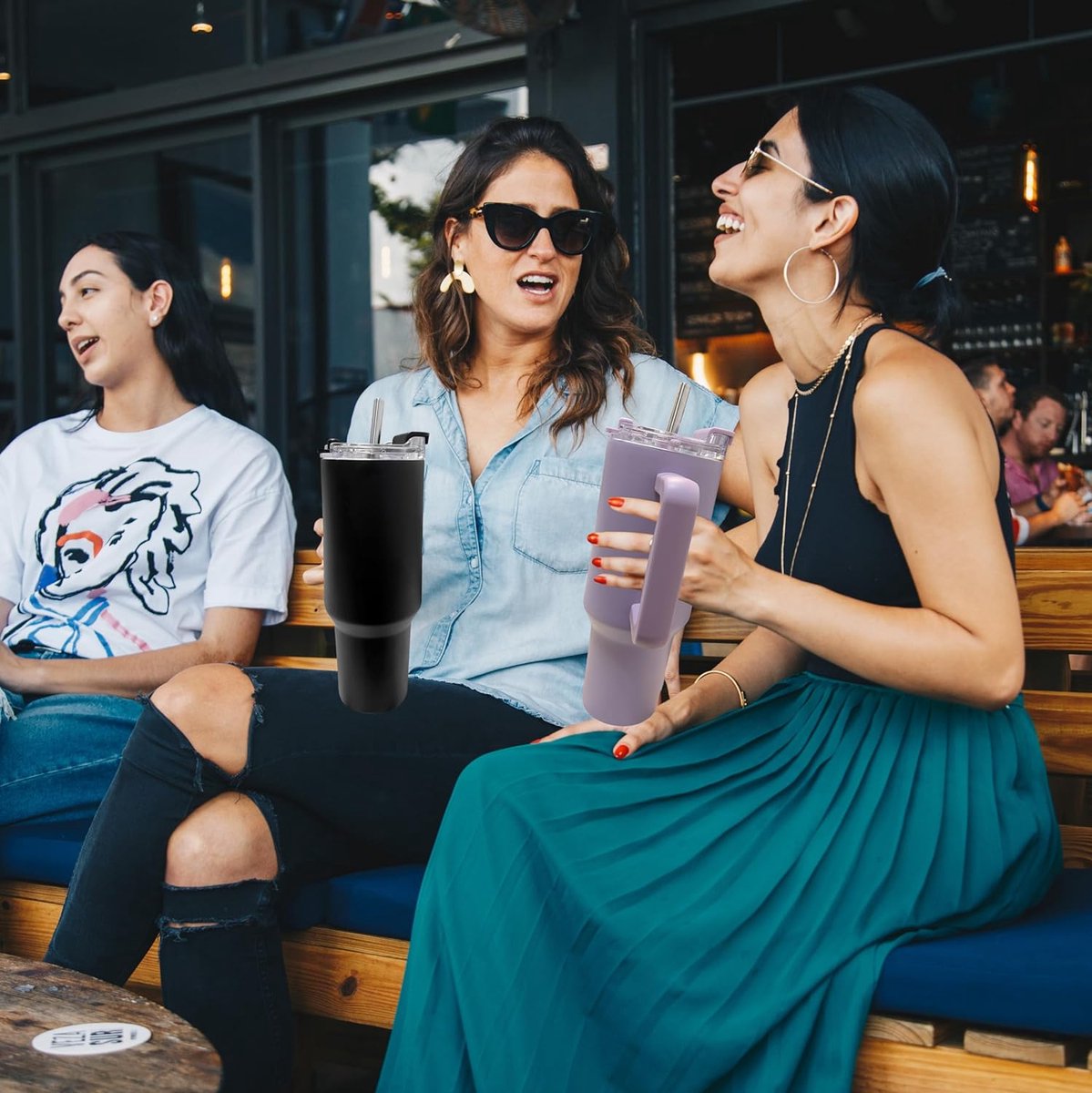 1200 ml koffiebeker om mee te nemen, dubbelwandige, roestvrijstalen vacuüm-isolatiebeker met handvat en rietje, autobeker, thermobeker, koffiebeker voor warme en koude dranken, zwart