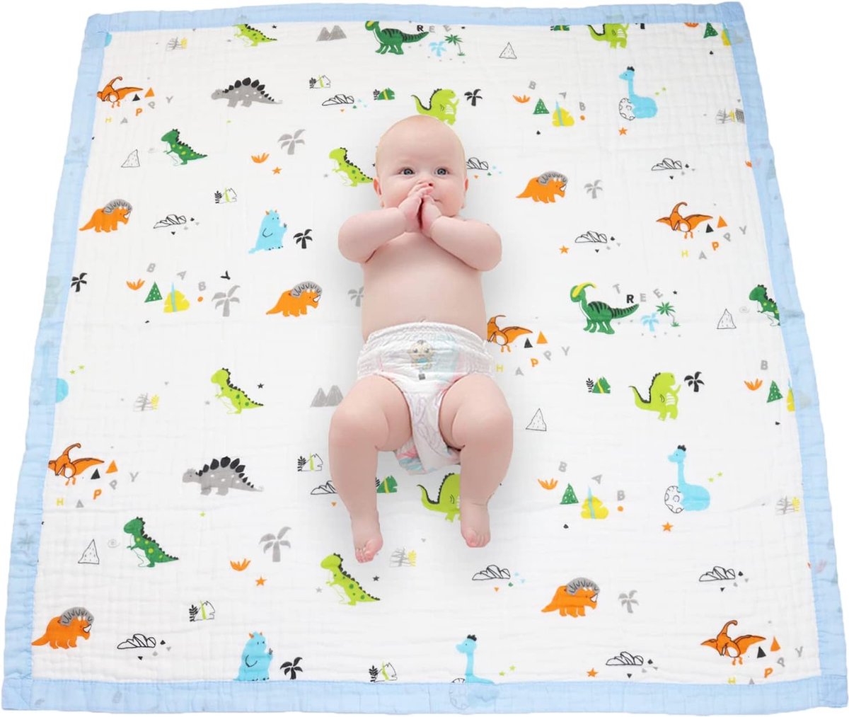Deken 6-laags knuffeldeken baby katoen 110 x 110 cm mousseline babydeken wikkeldeken zachte deken voor badhanddoek, kinderdeken pasgeborenen unisex (neushoorns dinosaurus)