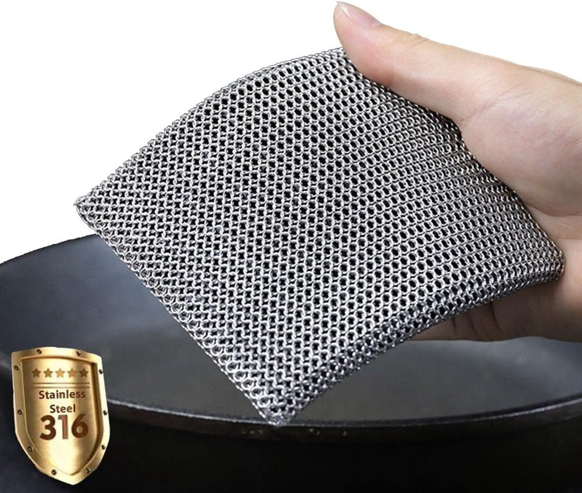 Gietijzeren reinigingsketting fijne ring 316 roestvrij staal schuursponsje - ingebouwde siliconen met gelaste ringen voor gietijzeren pot BBQ-servies