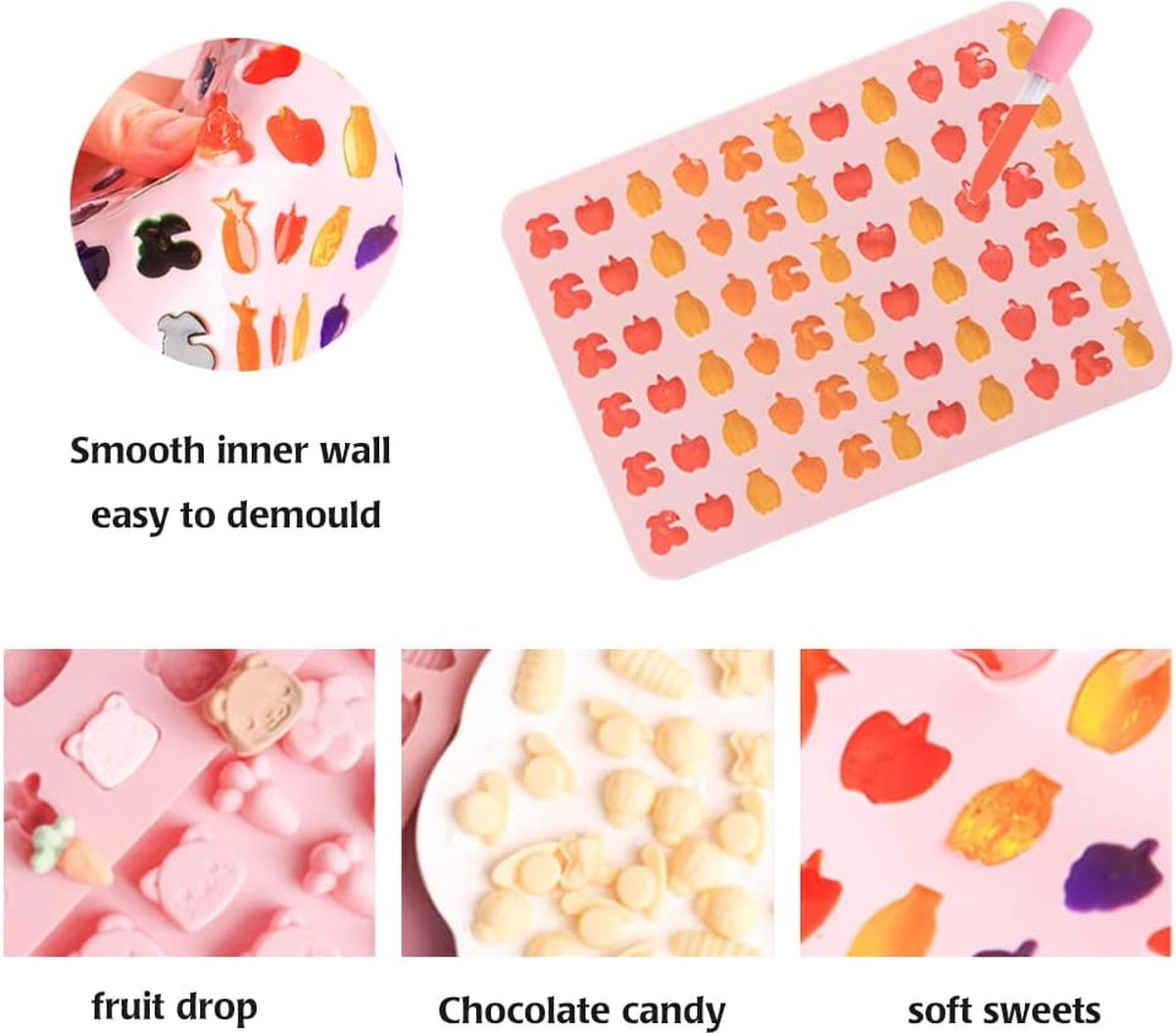 7 stuks siliconen chocoladevormen met 3 stuks pipetten, snoep, siliconen vormen, gummibeertjes, vorm, siliconen, chocoladevorm, ijsblokjesvormen voor doe-het-zelf chocolade, snoep