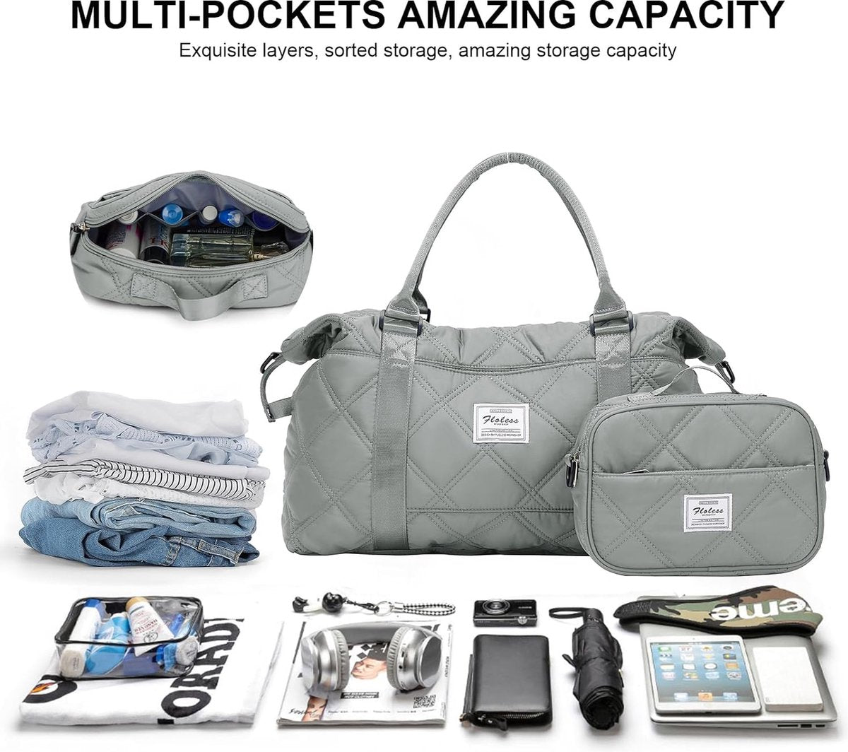 Dames reistas 40 x 20 x 25 cm Handbagagetas Weekendtas Zwemtas Waterdichte reistas Plunjezak Fitnesstas Trainingstas Dames voor Reizen Gym Grijs