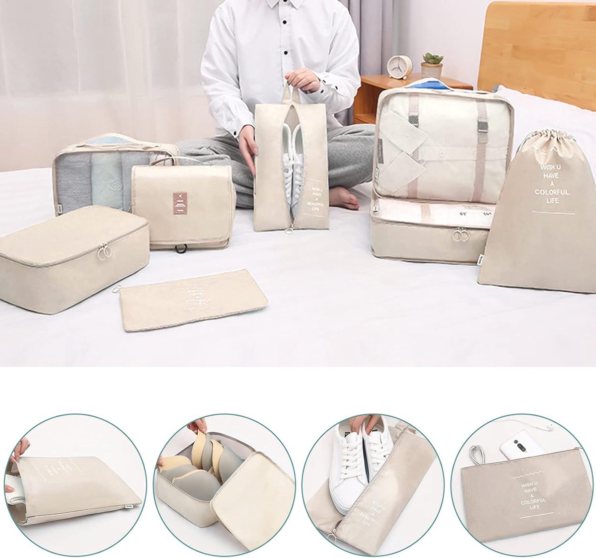 8-delige kledingtassenset, verpakkingsblokjes, compressieverpakkingszakken voor rugzak en koffer, bagage-organizer, kofferorganisator, reiskledingzakken voor kleding, schoenen, ondergoed, cosmetica, kaki