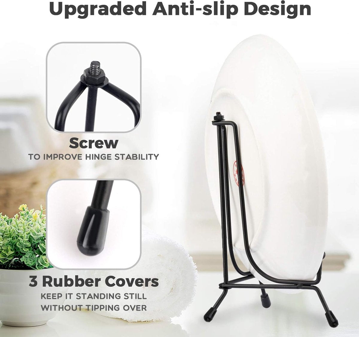 Set van 4 verbeterde antislipbordstandaarden voor display, 6 inch plaathouder displaystandaard, fotolijsthouderstandaard, zwart ijzeren ezelstandaard voor foto, decoratieve plaat, tafelkunst