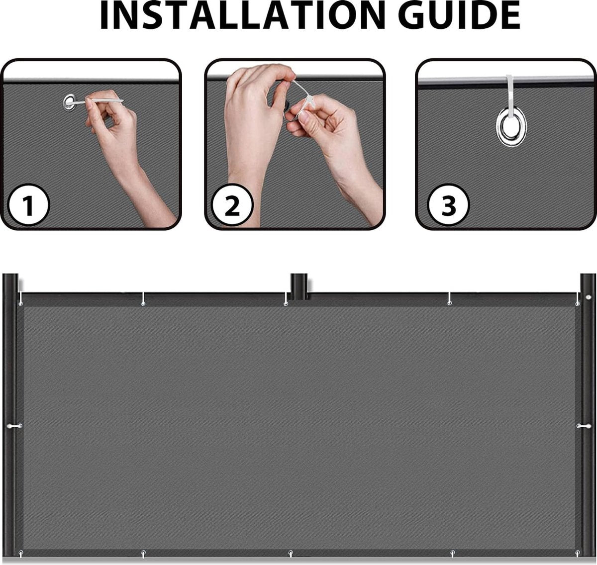 Balkonscherm, inkijkbescherming, balkonafdekking, 80 x 300 cm, windscherm, ondoorzichtig, balkonbekleding, PES 170 g/m², wind- en uv-bescherming, met inslagringen en kabelbinders, antraciet