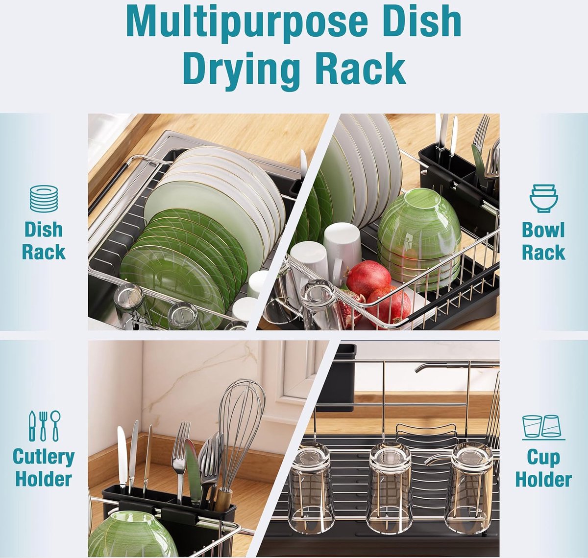 afdruiprek voor gootsteen - dubbel gebruik voor werkbladen en gootstenen, afdruiprek voor gootsteen, afdruiprek boven de gootsteen met afdruiprek, keukengerei en bekerhouder, zwart