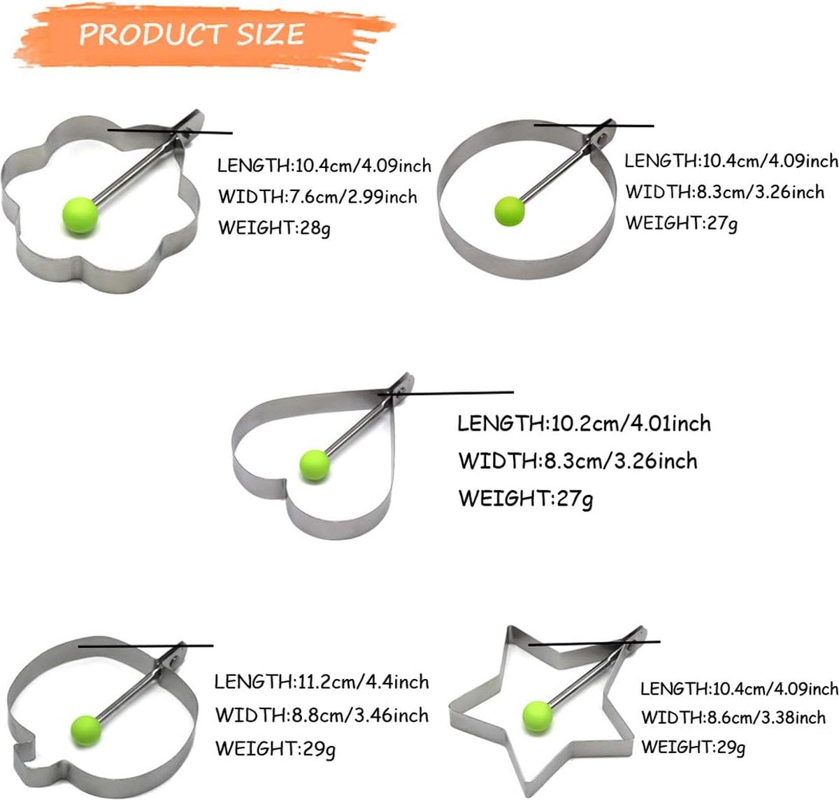 Gebakken eiervormen voor de pan, 11 stuks, roestvrijstalen gebakken eiervorm Gebakken eierpan met handvat