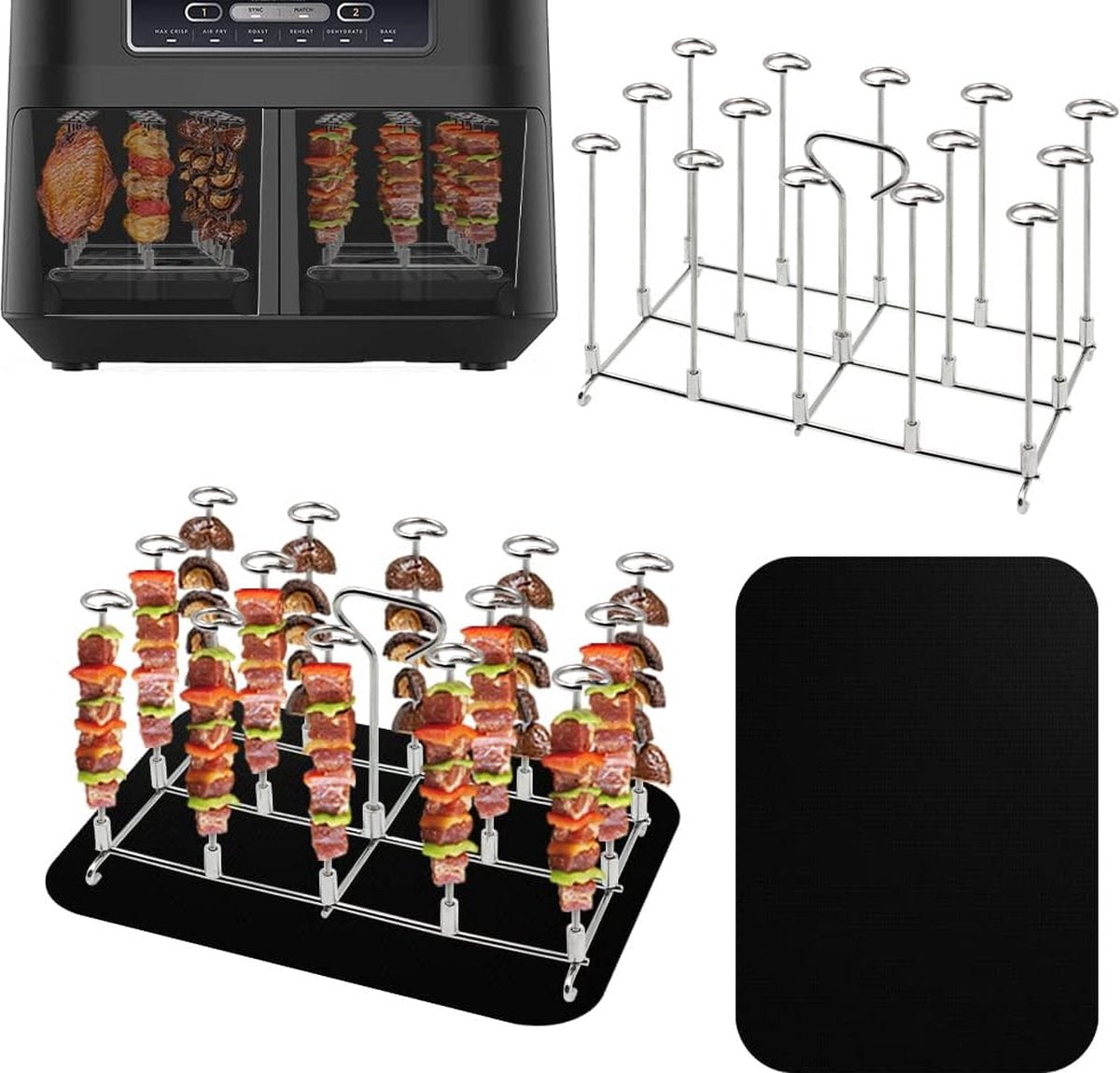 2 x RVS heteluchtfriteuse spiesen grillrooster voor Ninja Foodi AF300EU AF400EU, verticaal spiesrek set - frame, Dual Zone Air Fryer