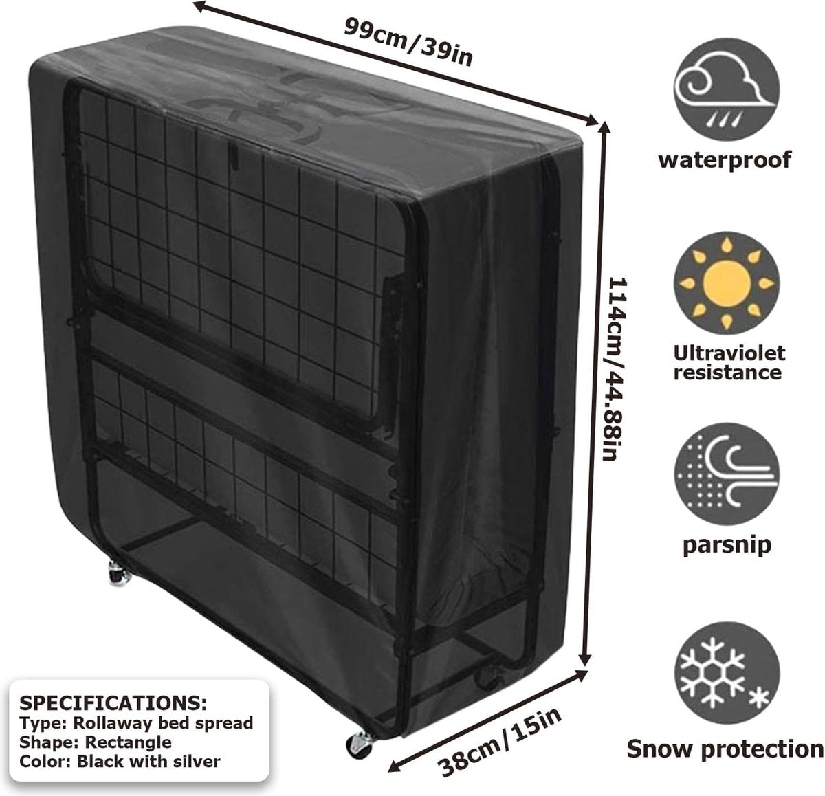 Zwart waterdicht stofdicht klapdekbed: opbergtas voor logeerbedden, multifunctionele bescherming tegen bed, multifunctionele afdekking (114 x 99 x 38 cm)