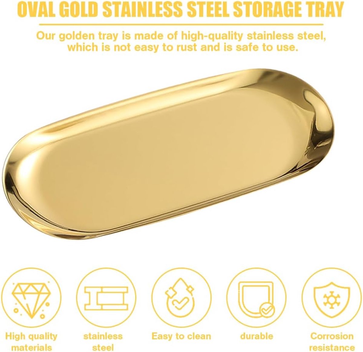 3 stuks roestvrijstalen decoratieve dienbladen, ovale gouden opbergbakjes, metaal, serveerborden, decoratieve borden, gouden ovale dessertkommen, ovaal, cosmetica-dienbladen voor thee, cake,