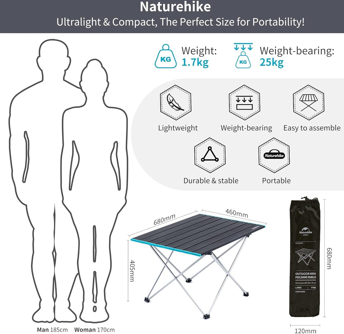 Camping klaptafel, aluminium tafelblad, waterdicht, draagbaar, licht, voor eten, koken, picknick, outdoor, vissen (zwart groot)