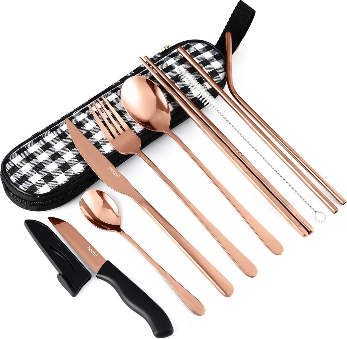 Bestekset, 10-delig, roestvrijstalen reisbestekset, zwart campingbestek met bestekzakje voor op reis, buitenreisbestek en bestek om mee te nemen met koffer (roségoud)