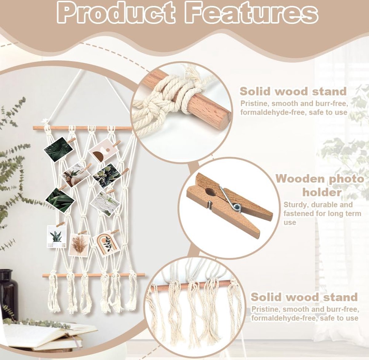 Fotolijst collages, macramé, wandbehang, hangende fotowand, boho, decoratie, fotolijst, organizer met 10 houten klemmen voor wooncultuur, slaapkamer, bruiloftsfeest