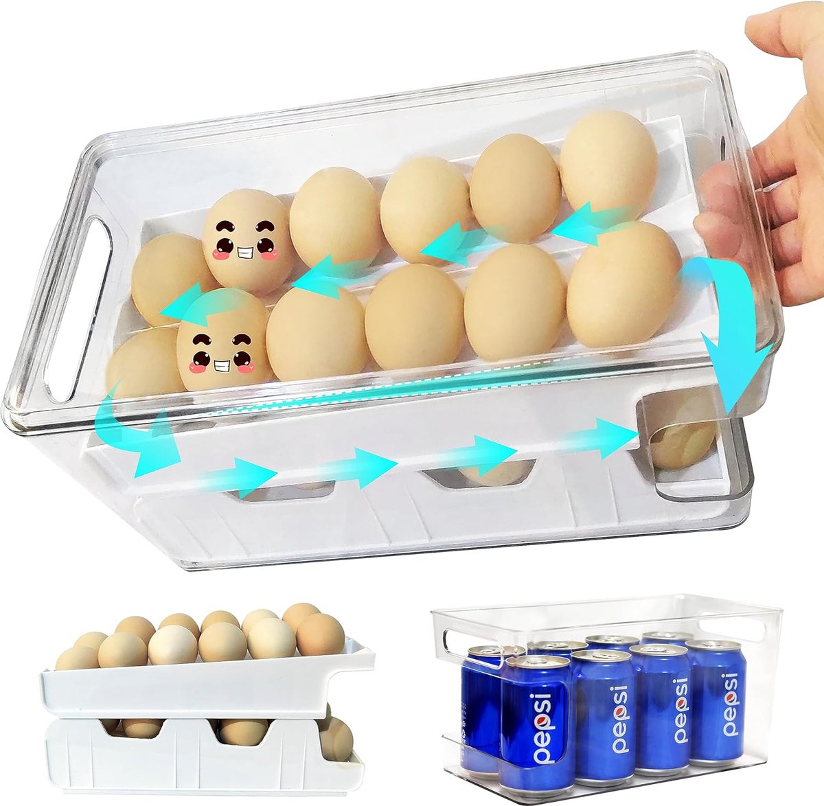 Eiercontainer voor koelkast, dubbelsporige automatische rollende eierhouder voor koelkast, opbergdoos met deksel voor eten, drinken enz. (Parelwit)