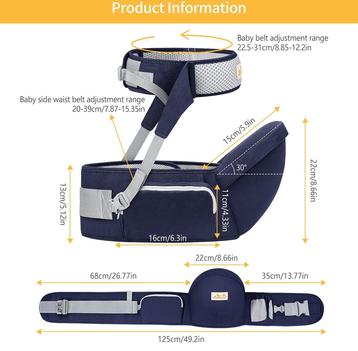 Babyheupzitje, ergonomisch, met veiligheidsgordelbescherming, puur katoen, licht en ademend, ergonomische lichte taille, kruk, baby heupzitje voor 4-36 maanden (donkerblauw)