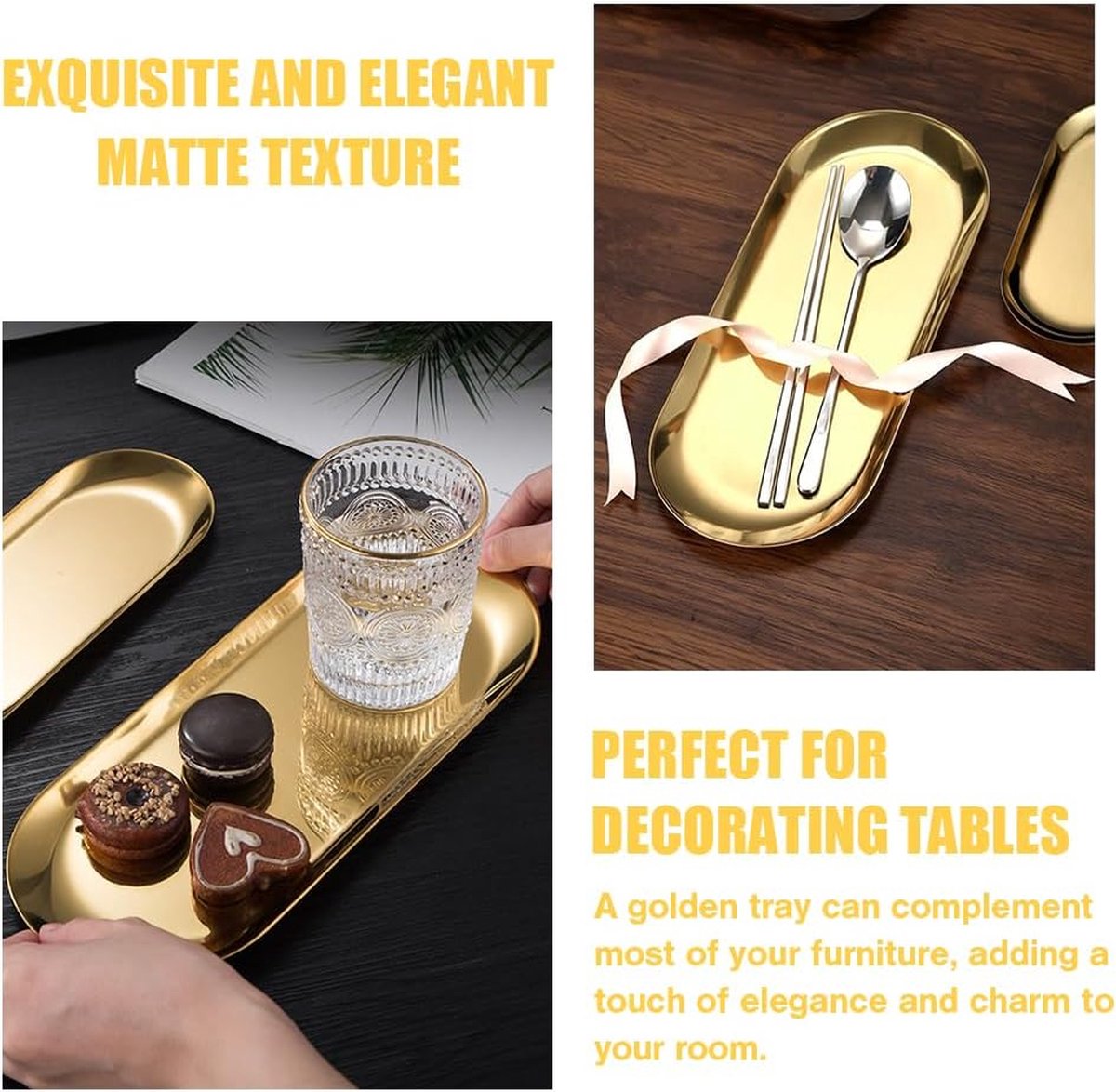 3 stuks roestvrijstalen decoratieve dienbladen, ovale gouden opbergbakjes, metaal, serveerborden, decoratieve borden, gouden ovale dessertkommen, ovaal, cosmetica-dienbladen voor thee, cake,