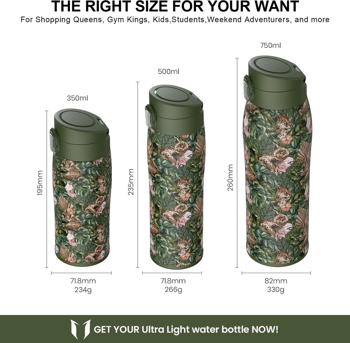 Drinkfles van roestvrij staal 18/10, ultralichte drinkbeker, 350 ml, 500 ml, 750 ml, BPA-vrij, lekvrije drinkfles, drinkflessen voor sport, onderweg, school, outdoor, kantoor, thuis