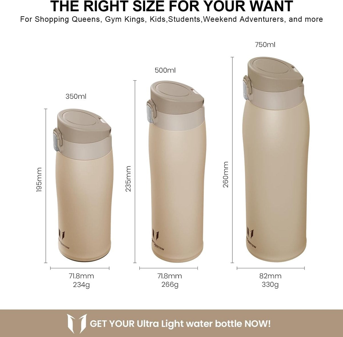 Drinkfles RVS 18/10 - ultralichte drinkbeker - 350ml, 500ml, 750ml - BPA-vrije, lekvrije drinkfles, drinkflessen voor sport, onderweg, school, outdoor, kantoor, thuis