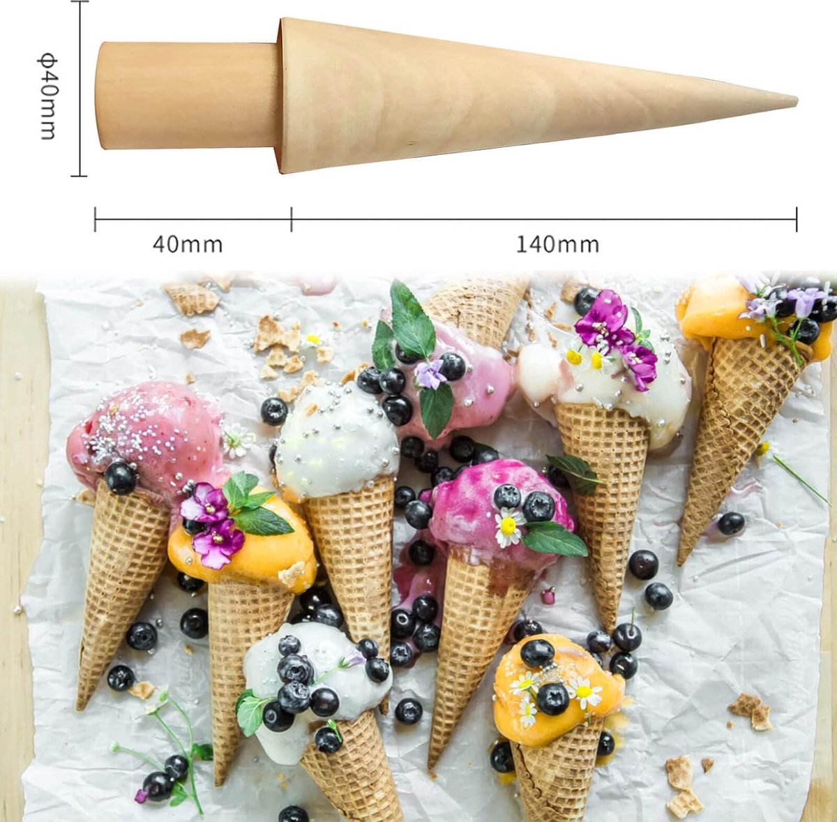 Houten hoornvormer, wafelhoornvormer, wafelhoorn, hout, wafelhoornstep, hoornvormer, wafelkegel, voor ijshoorn, 18 cm, hout voor het maken van wafelhoorn, 2 stuks