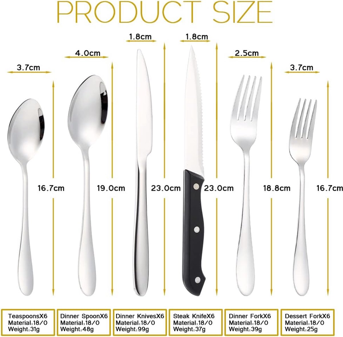 Bestekset voor 6 personen, 36-delige roestvrijstalen bestekset, bestek inclusief mes/vork/lepel/steakmessen, spiegelgepolijst, vaatwasmachinebestendig