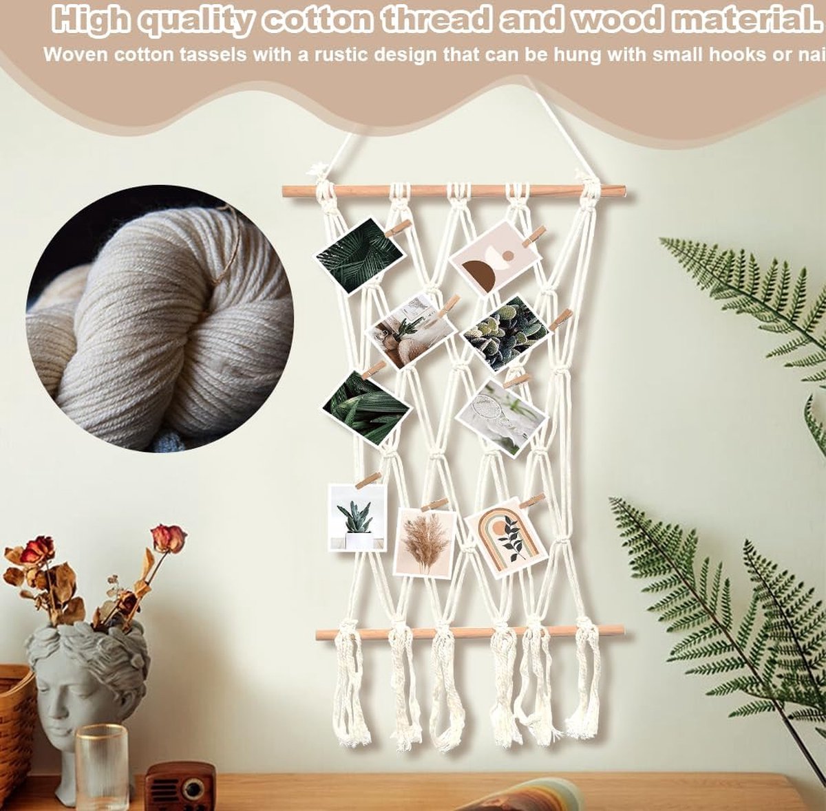 Fotolijst collages, macramé, wandbehang, hangende fotowand, boho, decoratie, fotolijst, organizer met 10 houten klemmen voor wooncultuur, slaapkamer, bruiloftsfeest
