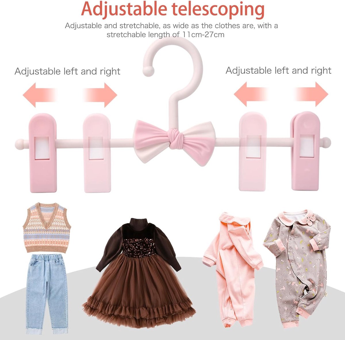 10 stuks kledinghangers voor broeken, broekhangers met verstelbare clips, kinderkledingrek, hanger met verstelbare clips, hangers met antislipclips voor broeken, rokken (A)